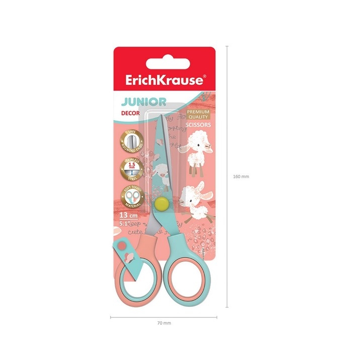Ножницы детские 13 см, ErichKrause Junior Decor Curly Sheep, с принтом на лезвиях, закруглённые концы, блистер