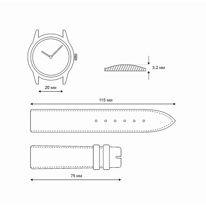 Ремешок для часов, мужской, 20 мм, запряжник 75 мм, горт 115 мм, натуральная кожа, чёрный