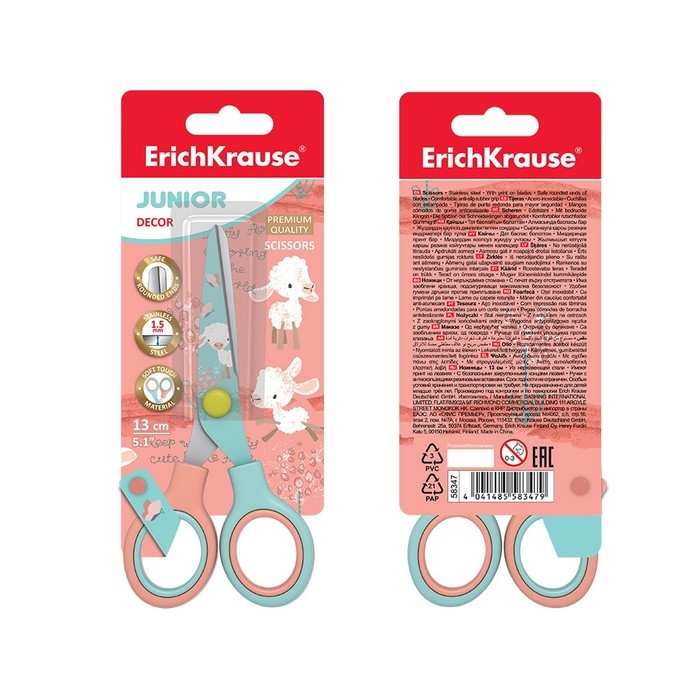 Ножницы детские 13 см, ErichKrause Junior Decor Curly Sheep, с принтом на лезвиях, закруглённые концы, блистер