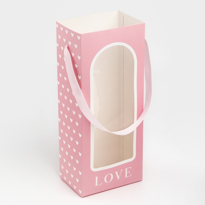Пакет-переноска для цветов с пластиковым окном, Love, розовая, 30 х 12 х 8 см Пакет-переноска для цветов с пластиковым окном, Love, розовая, 30 х 12 х 8 см