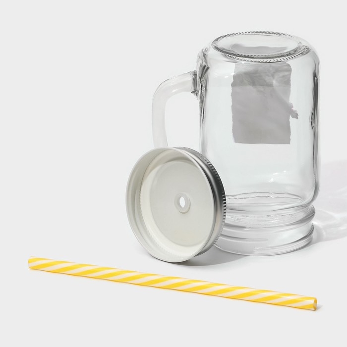 Кружка стеклянная Доляна &laquo;Лаванда&raquo;, 450 мл, 10&times;7,5&times;13 см, с ручкой, крышкой и трубочкой