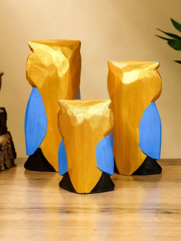 Набор сувенирный "Совята с сердечком" дерево H 15, 13, 11 см, цв. голубой с золотом