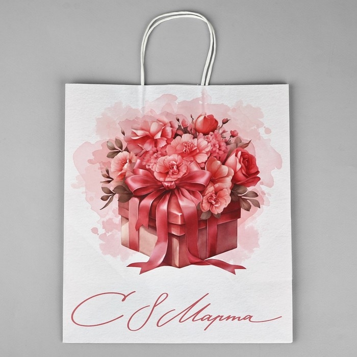 Пакет подарочный крафт &laquo;С 8 марта&raquo;, цветы, 32 х 28 х 15 см