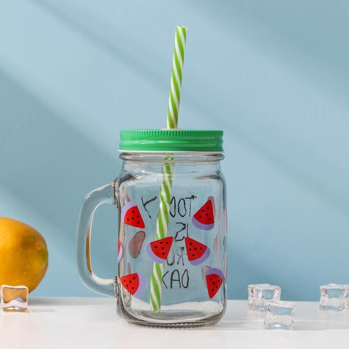 Банка стеклянная с крышкой и трубочкой Доляна &laquo;Счастливый день&raquo;, 450 мл, 10,5&times;7,5&times;13 см, цвет МИКС