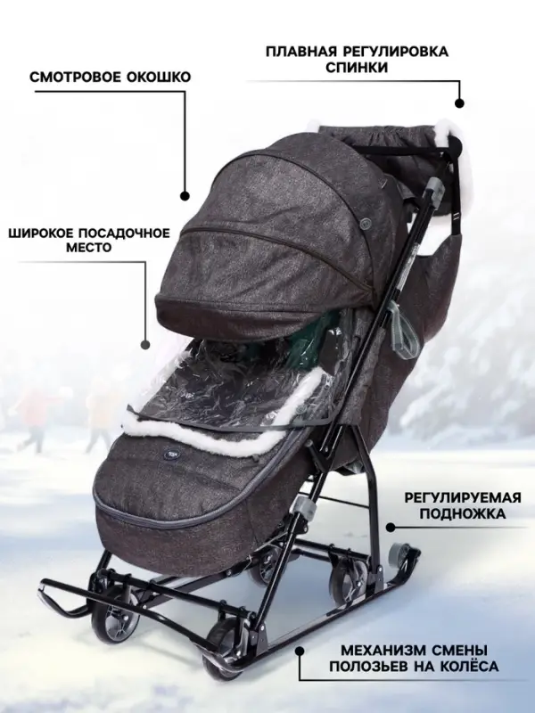 Санки - коляска &laquo;Наши детки 6&raquo;, чехол для ног, муфта, сумка, принт с ламой, серый
