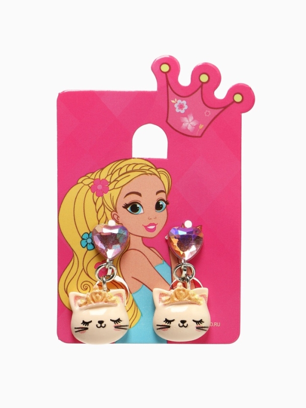 Серьги-клипсы детские "Выбражулька" кот с сердцем кристалл, цветные