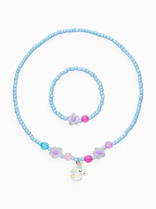 Набор детский &laquo;Выбражулька&raquo; 2 предмета: бусы, браслет, единорог, цветы, цвет голубой
