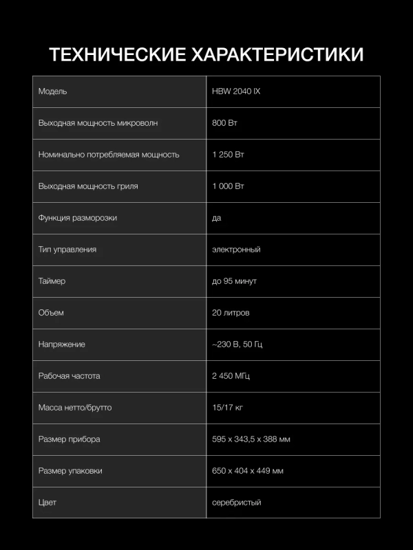 Микроволновая Печь HBW 2040 IX 20л. 800Вт