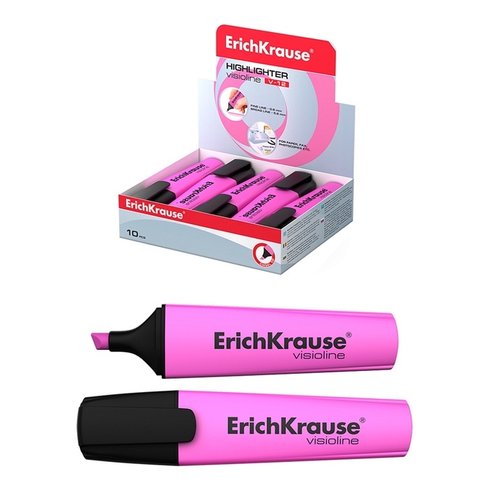 Маркер-текстовыделитель ErichKrause V-12, 0.6-5.2 мм, флуоресцентные чернила на водной основе, розовый