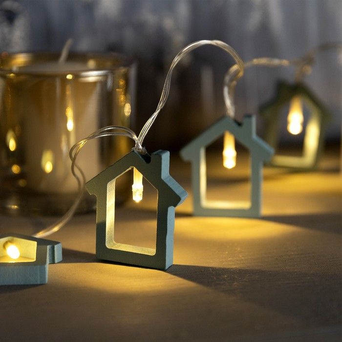 Гирлянда &laquo;Нить&raquo; 1.5 м с насадками &laquo;Дом синий&raquo;, IP20, прозрачная нить, 10 LED, батарейки AAх2 (нет в комплекте), свечение тёплое белое