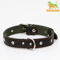 Ошейник комбинированный безразмерный, кожа/брезент, 60 х 3 см, ОШ 30-57 см, чёрный/зелёный