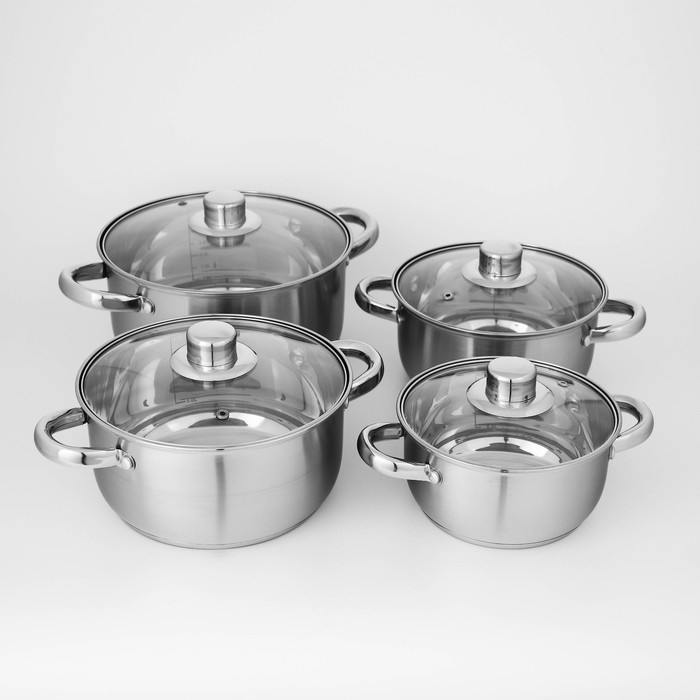 Набор кастрюль из нержавеющей стали Доляна &laquo;Гретте&raquo;, 4 предмета: 1,5 л, 2 л, 3 л, 4 л, d=16/18/20/22 см, крышки, индукция