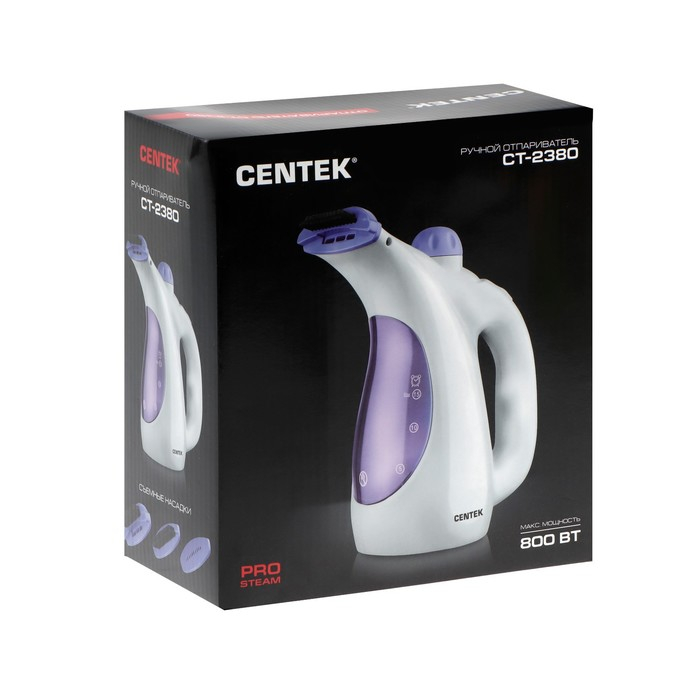 Отпариватель Centek CT-2380, ручной, 800 Вт, 330 мл, 15 г/мин, шнур 2 м, бело-фиолетовый Отпариватель Centek CT-2380, ручной, 800 Вт, 330 мл, 15 г/мин, шнур 2 м, бело-фиолетовый
