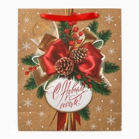 Пакет подарочный новогодний крафтовый вертикальный &laquo;С Новым годом&raquo;, M 26 х 30 х 9 см , Новый год