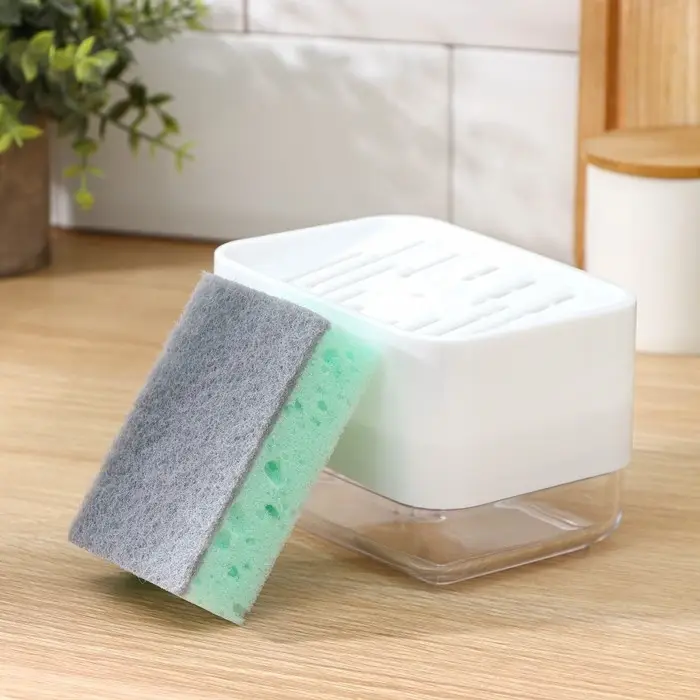 Дозатор для моющего средства с подставкой для губки Raccoon, губка в комплекте, цвет белый