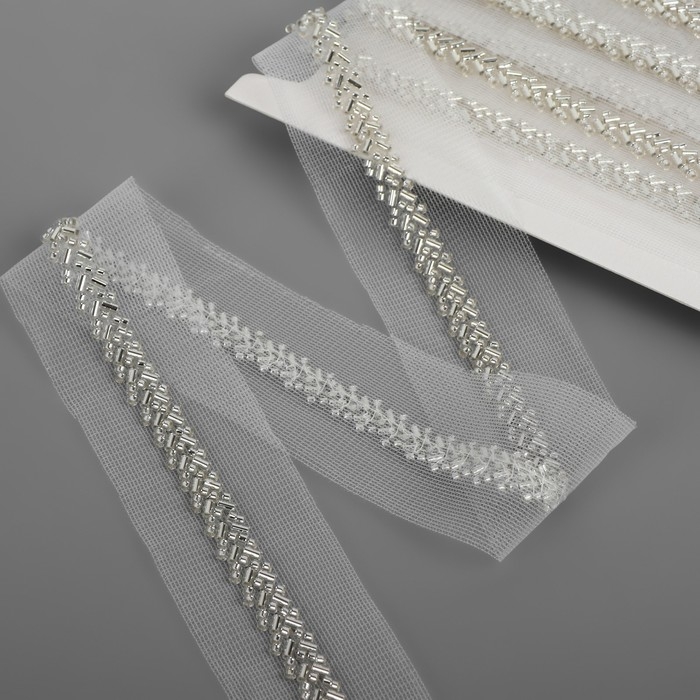 Тесьма декоративная с бисером, 35 мм, 4,5 &plusmn; 0,5 м, цвет белый