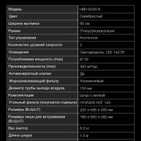 Вытяжка встраиваемая HBH 6230 IX нержавеющая сталь