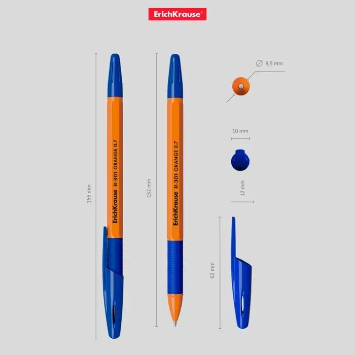 Ручка шариковая ErichKrause R-301 Orange Stick & Grip, узел 0.7 мм, чернила синие, резиновый держатель, длина линии письма 2000 метров