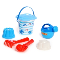 Песочный набор: ведро с наклейкой, ситечко-цветок, совок, грабельки, 2 формочки, лейка