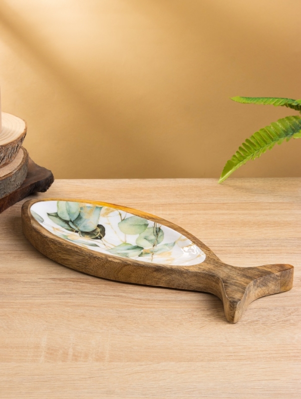 Блюдо в форме рыбки "Листья" дерево манго 32х11,5х2 см