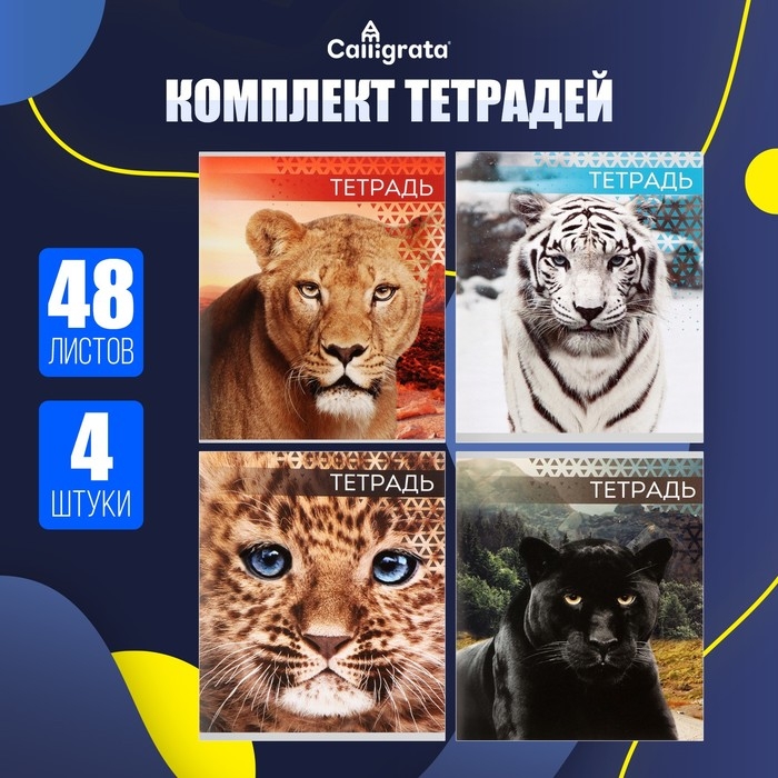 Комплект тетрадей из 4 штук, 48 листов в клетку Calligrata Комплект тетрадей из 4 штук, 48 листов в клетку Calligrata "Дикие кошки", обложка мелованный картон, блок №2, белизна 75% (серые листы)