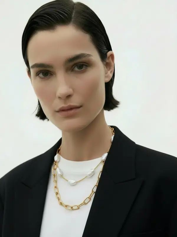 Колье "Жемчуг" борокко, цепь, 2 яруса, цвет белый в золоте