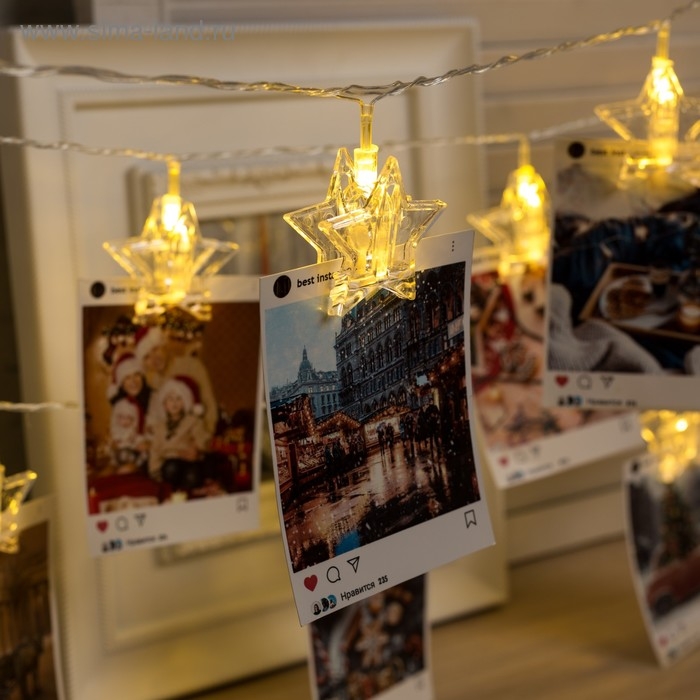 Гирлянда &laquo;Нить&raquo; 4.5 м с насадками &laquo;Прищепки-звёзды&raquo;, IP20, прозрачная нить, 20 LED, свечение тёплое белое, 220 В