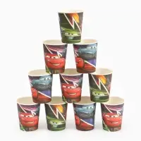 Посуда одноразовая бумажная на 10 персон: стаканы, тарелки, скатерть, Машинки