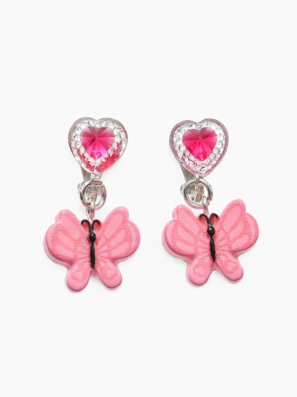 Серьги-клипсы детские "Выбражулька" бабочка драгоценность с сердцем кристалл, цвет розовый