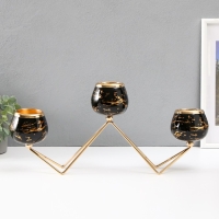 Подсвечник металл на 3 свечи "Чёрный мрамор с золотыми прожилками - зиг-заг" золото 41х19см