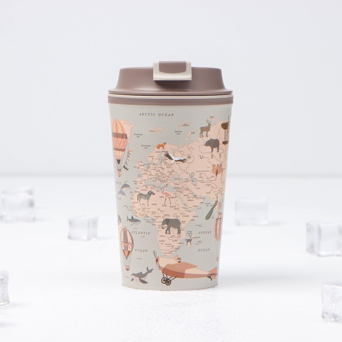 Термостакан с крышкой с клапаном &laquo;Карта&raquo;, 350 мл, 8,6&times;8,6&times;15,5 см, цвет светло-бежевый