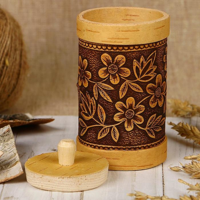 Туес &laquo;Цветы&raquo;, высокий, 6&times;6&times;12 см, береста