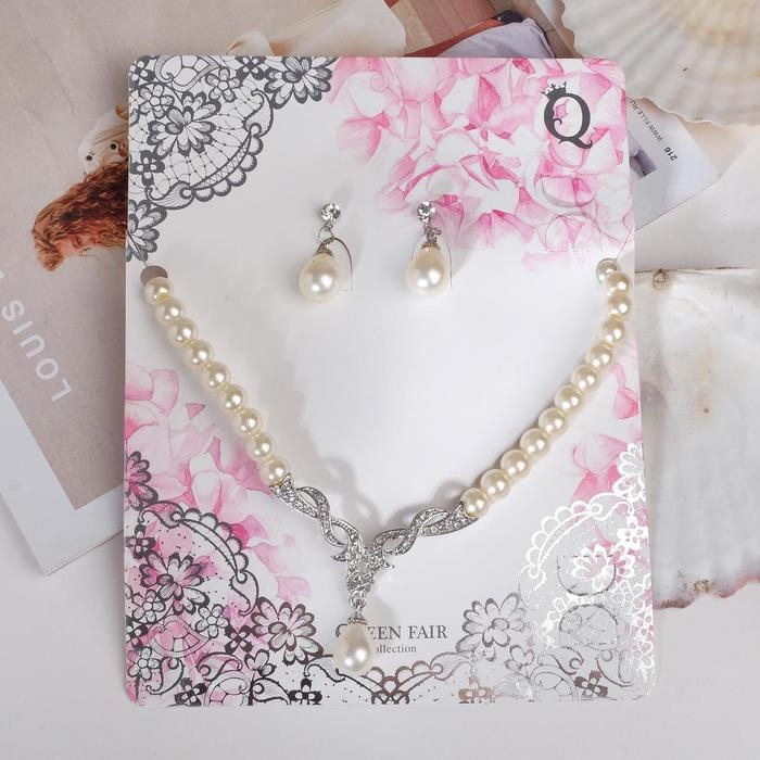 Набор 2 предмета: серьги, колье &laquo;Вернисаж&raquo; жемчужная капля, цвет белый в серебре, 45 см