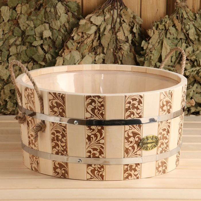 Шайка-таз из липы, 15 л, круглая, пластиковая вставка, ручка-веревка