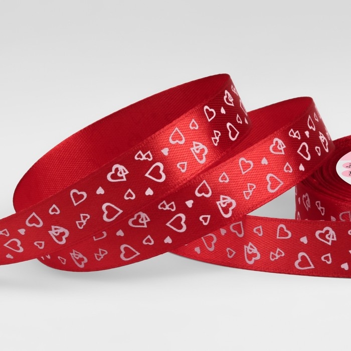 Лента атласная &laquo;Сердца&raquo;, 15 мм &times; 23 &plusmn; 1 м, цвет красный №026