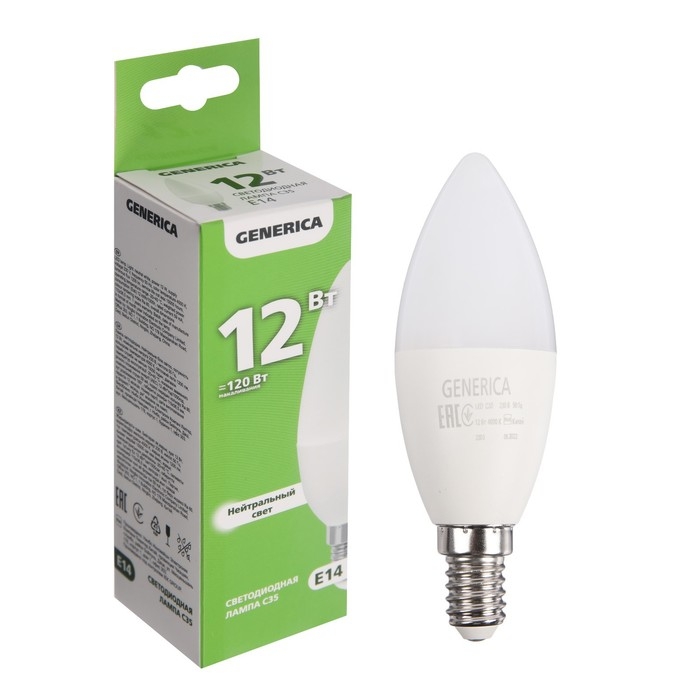 Лампа светодиодная GENERICA C35, 12 Вт, свеча, 4000 К, E14, 230 В, LL-C35-12-230-40-E14-G Лампа светодиодная GENERICA C35, 12 Вт, свеча, 4000 К, E14, 230 В, LL-C35-12-230-40-E14-G