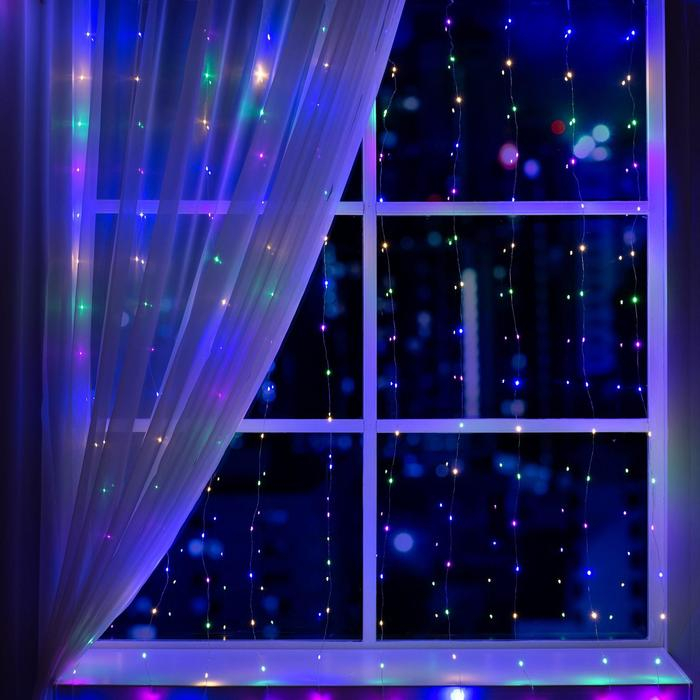 Гирлянда &laquo;Занавес&raquo; 2 &times; 2 м роса, IP20, серебристая нить, 300 LED, свечение мульти, 12 В