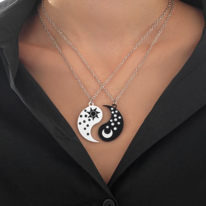 Кулоны &laquo;Неразлучники&raquo; день и ночь, цвет чёрно-белый в серебре, 45 см