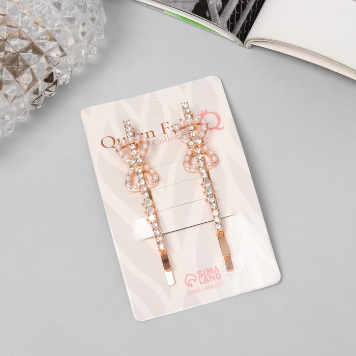 Невидимка для волос "Глория" (набор 2 шт) бант, 6 см, розовое золото