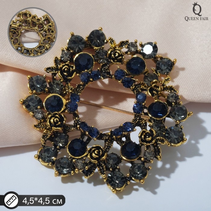 Брошь &laquo;Императрица&raquo; круг с розами, цвет серо-синий в чернёном золоте