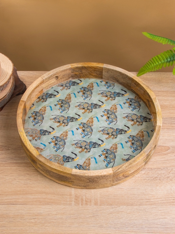 Поднос круглый с бортиками "Мудрый слон" дерево манго 35х35х6,5 см
