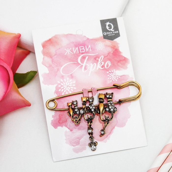 Булавка &laquo;Кошачье семейство&raquo;, 7 см, цвет белый в чернёном золоте