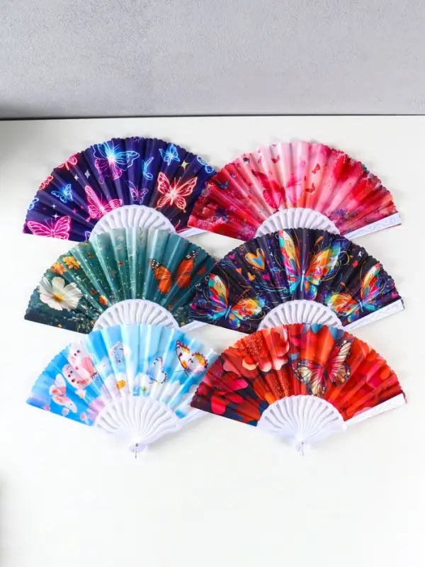 Веер пластик, текстиль "Бабочки и цветы" МИКС 23 см