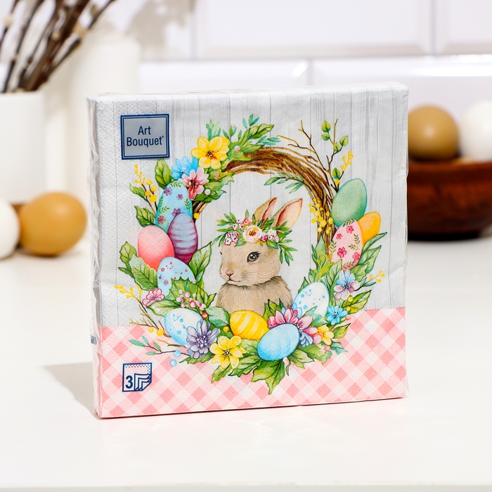 Пасхальные салфетки бумажные Art Bouquet &laquo;Пасхальный венок с кроликом&raquo;, 3 слоя, 33х33 см, 20 шт