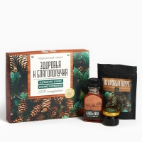 Набор &laquo;Здоровья и благополучия&raquo;: кедровый орех в сосновом сиропе 25 г., бальзам 100 мл., кедрокофе 50 г.