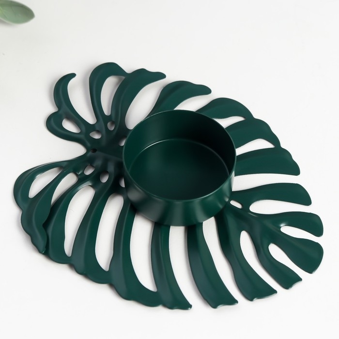 Подсвечник металл на 1 свечу "Лист монстеры" свеча d=4 см зелёный 2х10х12,3 см