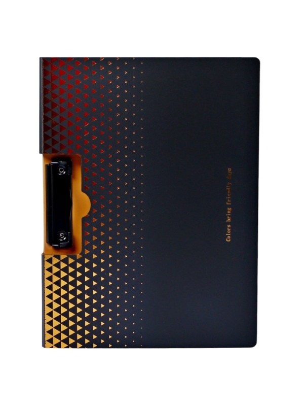 Папка с прижимом формат А4 пластик1400мкр,Черная с металлизированой отделкой МИКС