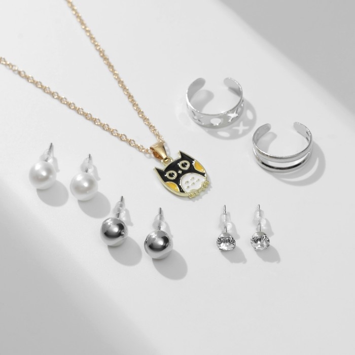 Гарнитур 6 предметов: 3 пары пусет, кулон 2 кольца &laquo;Сова&raquo;, цветной в золоте, 45 см