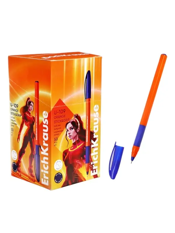 Ручка шариковая ErichKrause U-109 Orange Stick&Grip, игольчатый узел 1.0 мм, чернила синие, резиновый держатель, супермягкое письмо