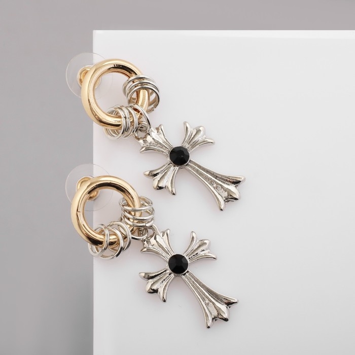 Серьги со стразами &laquo;Крестики&raquo; с колечками, цвет серебряно-золотой